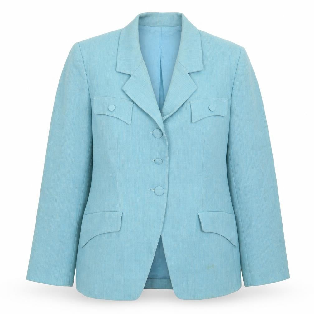Front view of VIRTUE women’s blue jacket suit jacket, size UK 12