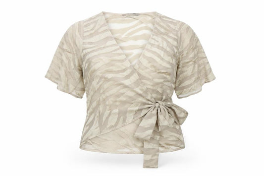 Front view of F&F women’s gold animal print wrap blouse, size UK 10, - zebra print