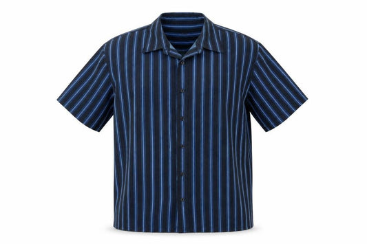 Front view of Matalan men’s blue striped button-up, size L