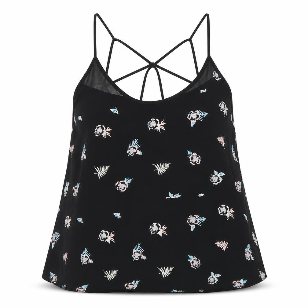Front view of MINE women’s black floral camisole blouse, size M