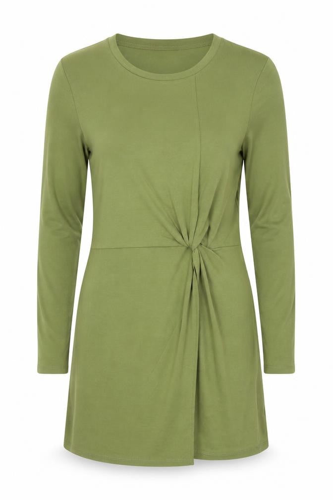 Front view of Very women’s green tunic blouse, size UK 8, - split down front