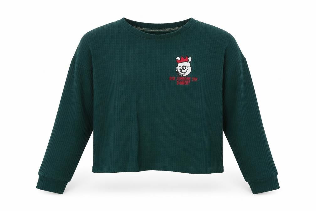 Front view of Love To Lounge women’s green jumper, size S, - winnie the pooh