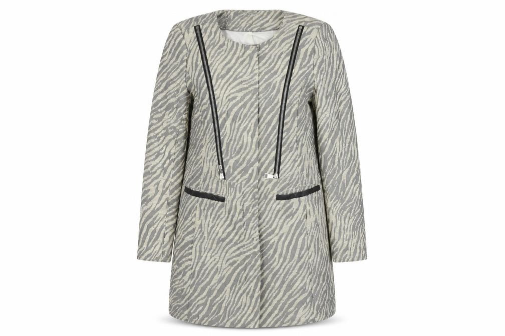 Front view of pbo women’s beige animal print jacket coat, size UK 10