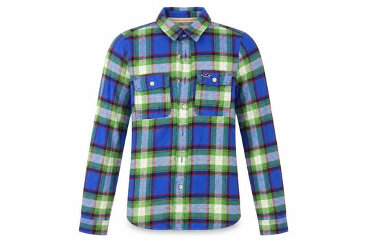 Front view of Hollister men’s multicoloured plaid button-up, size S