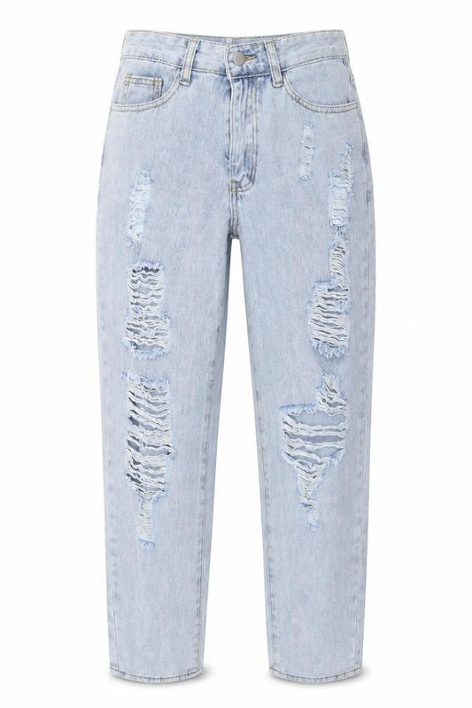 Front view of SHEIN women’s blue denim mom jeans, size UK 25, in, 27-inch leg