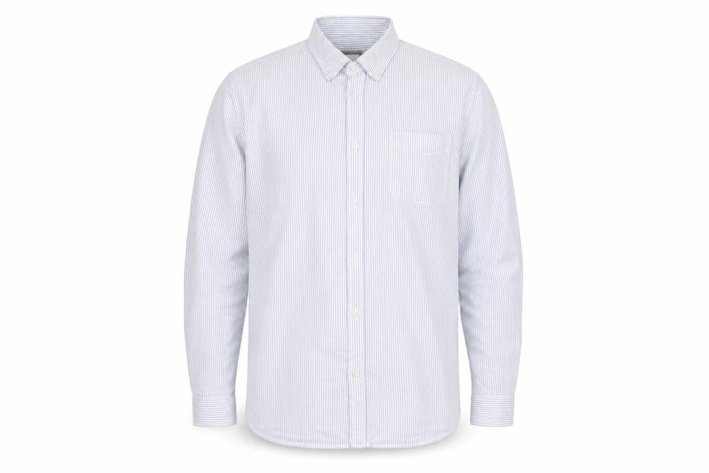 Front view of River Island men’s blue striped button-up, size L