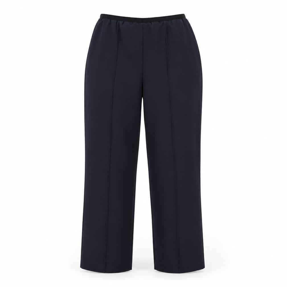 Front view of straight Leg women’s blue trousers, size UK 14, 29-inch leg