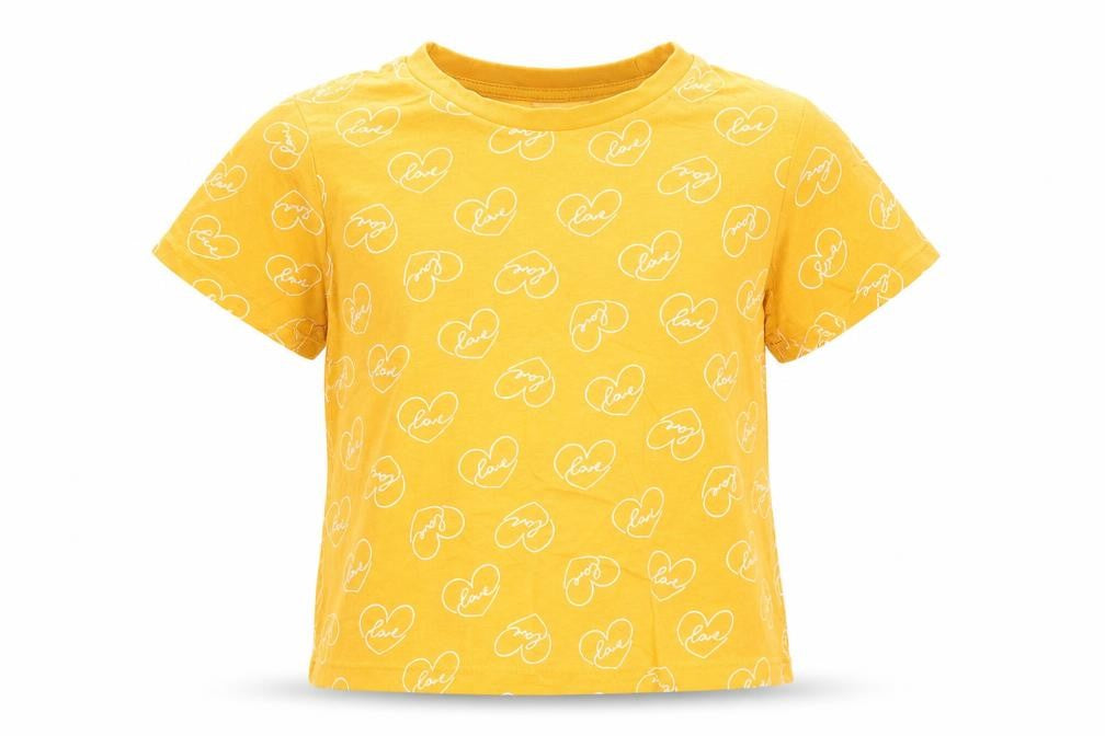 Front view of Primark women’s yellow cropped t-shirt, size S, - love