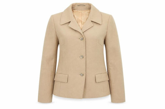 Front view of Seigel women’s beige jacket blazer, size S