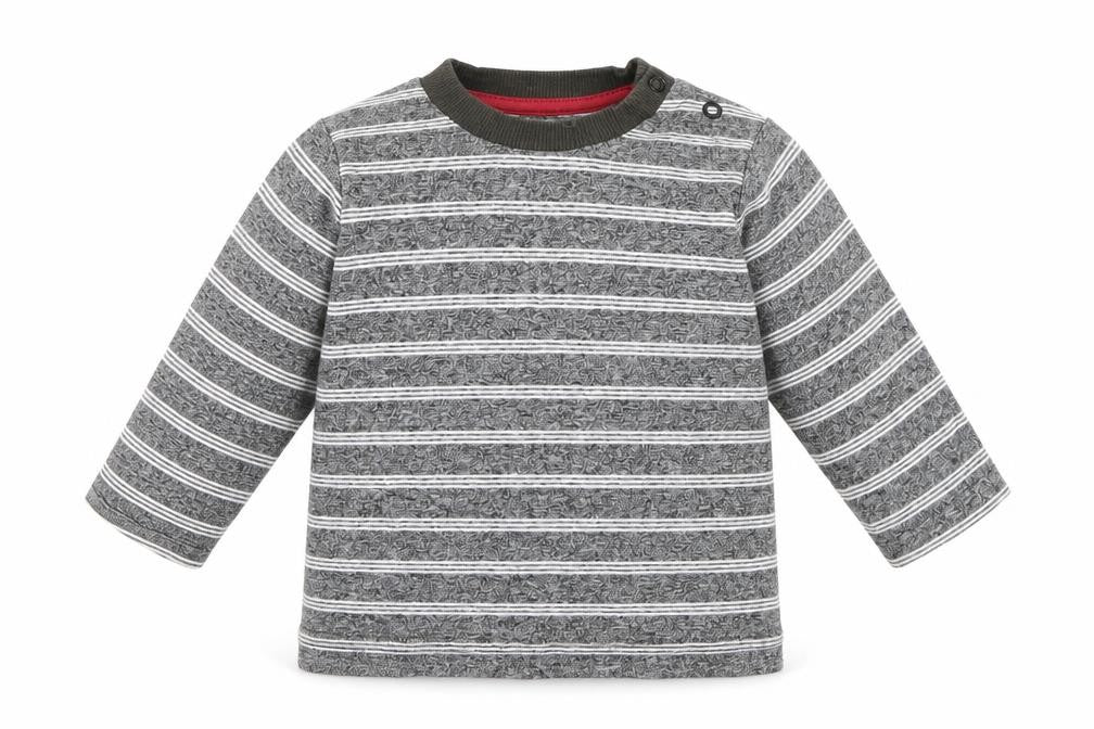 Front view of Nutmeg Baby Grey Striped Basic T-Shirt, size 6-9, Months