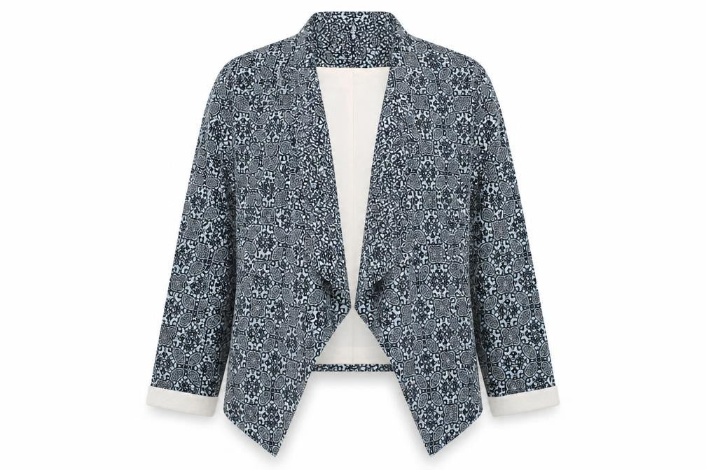 Front view of New Look women’s blue geometric jacket, size UK 14