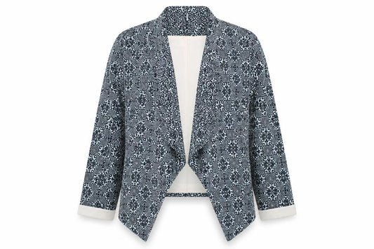 Front view of New Look women’s blue geometric jacket, size UK 14