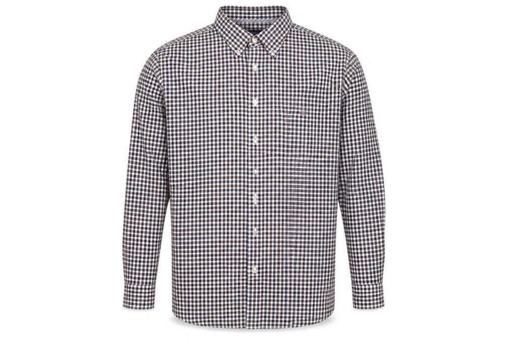 Front view of light flannel men’s brown check polo, size XL
