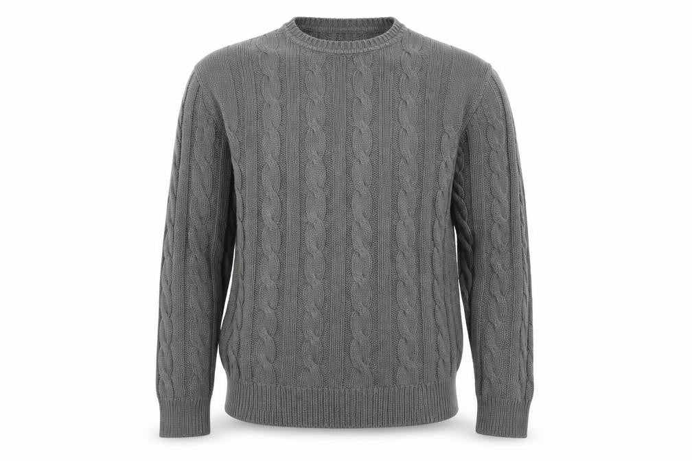 Front view of Human Scales men’s grey knit jumper, size L