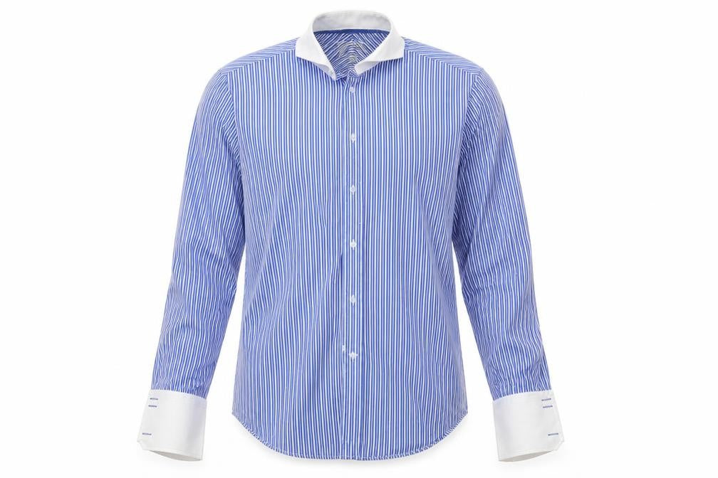 Front view of Next men’s blue striped button-up, size 15.5 - next