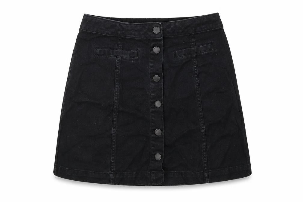 Front view of Divided women’s black denim a-line skirt, size UK 6