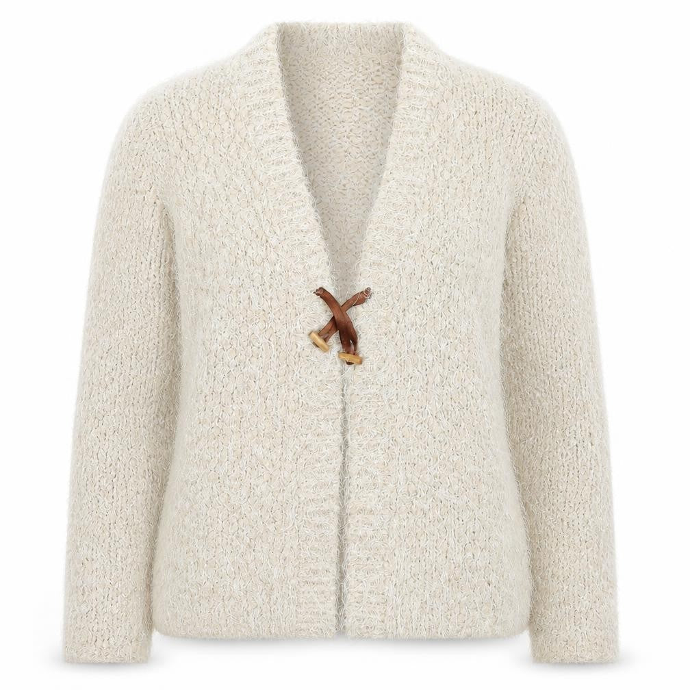 Front view of David Emanuel women’s beige cardigan jumper, size S