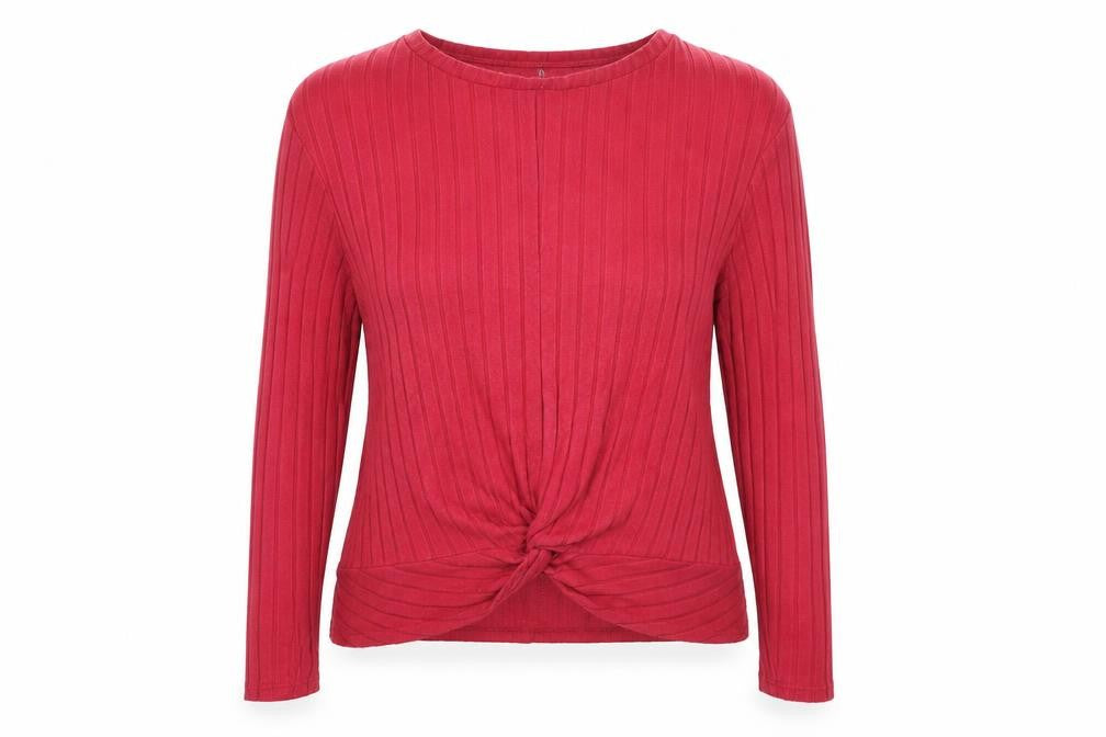 Front view of Primark women’s red striped wrap jumper, size UK 18