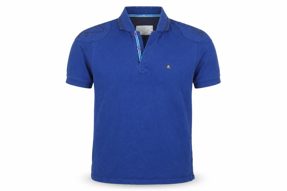 Front view of chukka men’s blue polo, size M