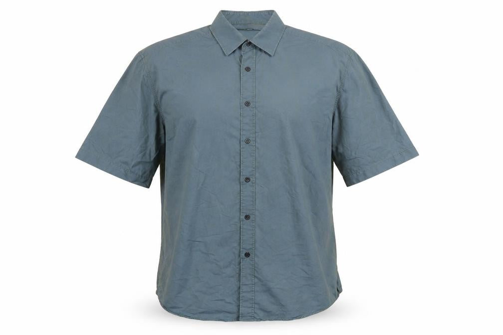 Front view of designed for t men’s green button-up, size L