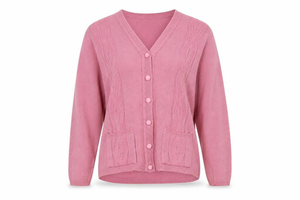 Front view of cARE women’s pink cardigan jumper, size M