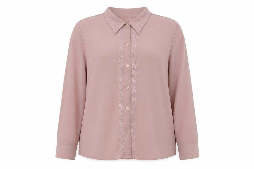 Front view of Bonmarché women’s pink basic button-up, size UK 18