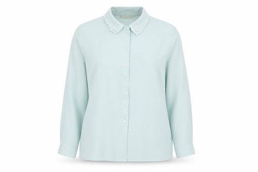 Front view of EWM women’s green basic button-up, size UK 18