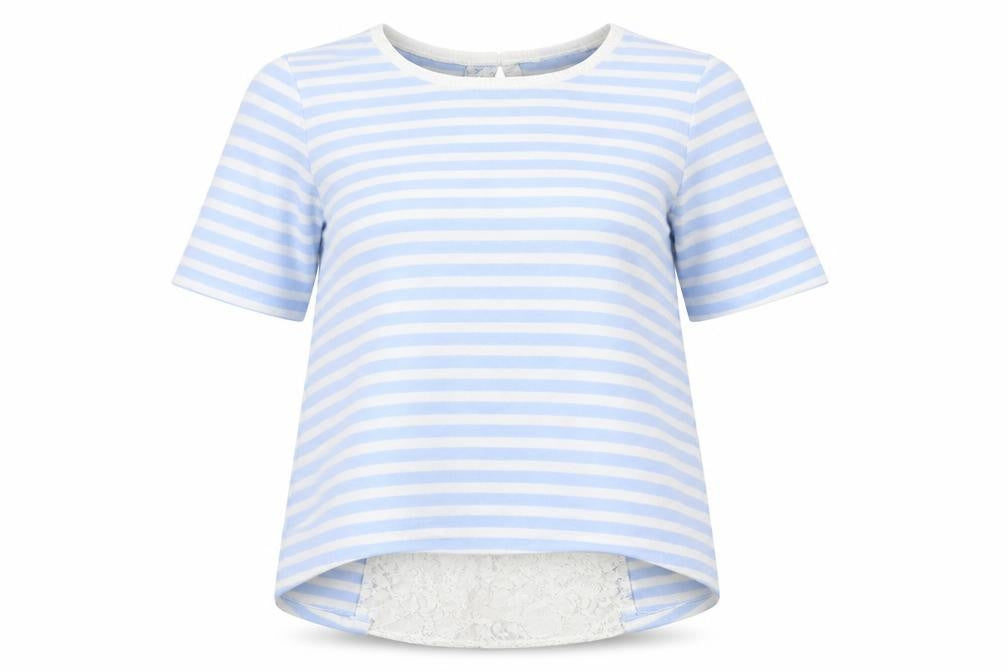 Front view of Preworn women’s blue striped jumper, size M, - lace back