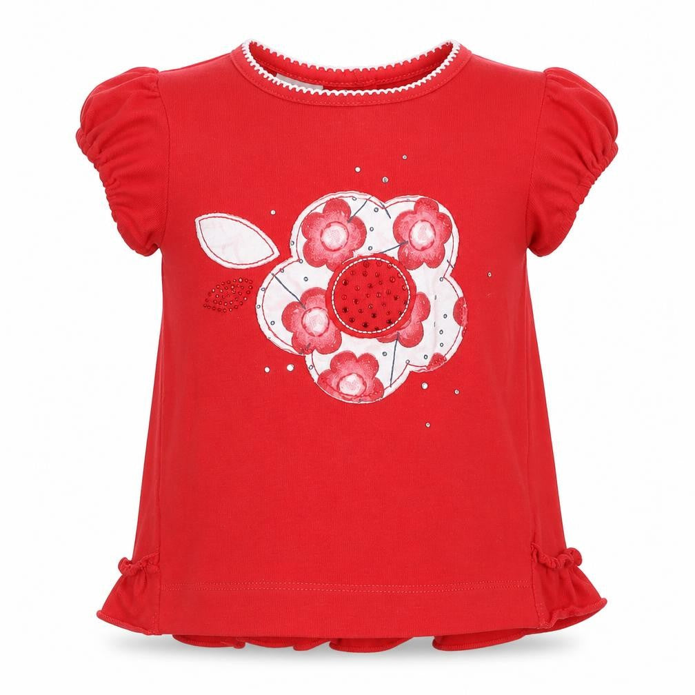 Front view of Minicone girls’ red basic t-shirt, size 9-12, months