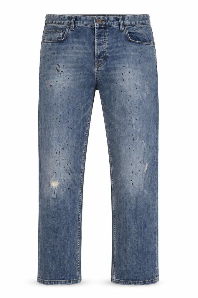 Front view of Next men’s blue denim straight jeans, size 34, 28-inch leg
