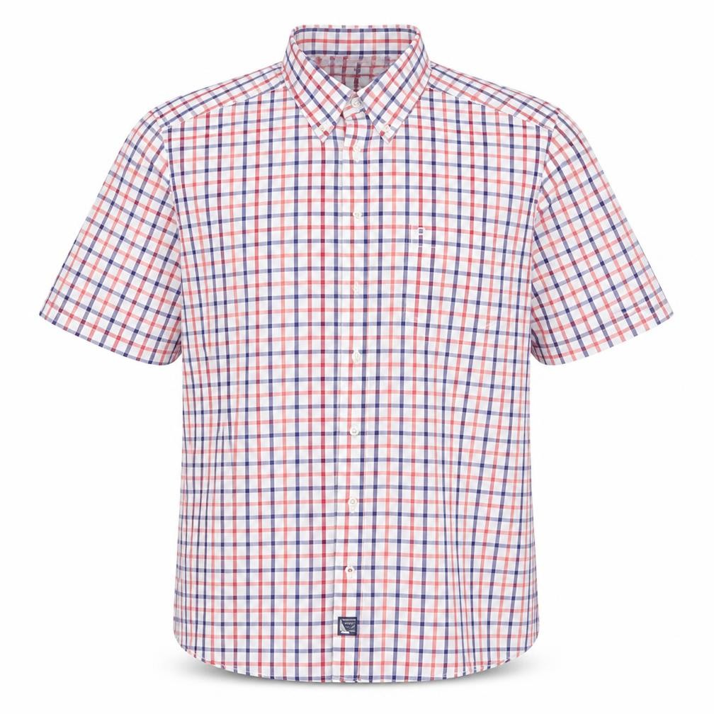 Front view of Olymp men’s red check button-up, size L, - blue