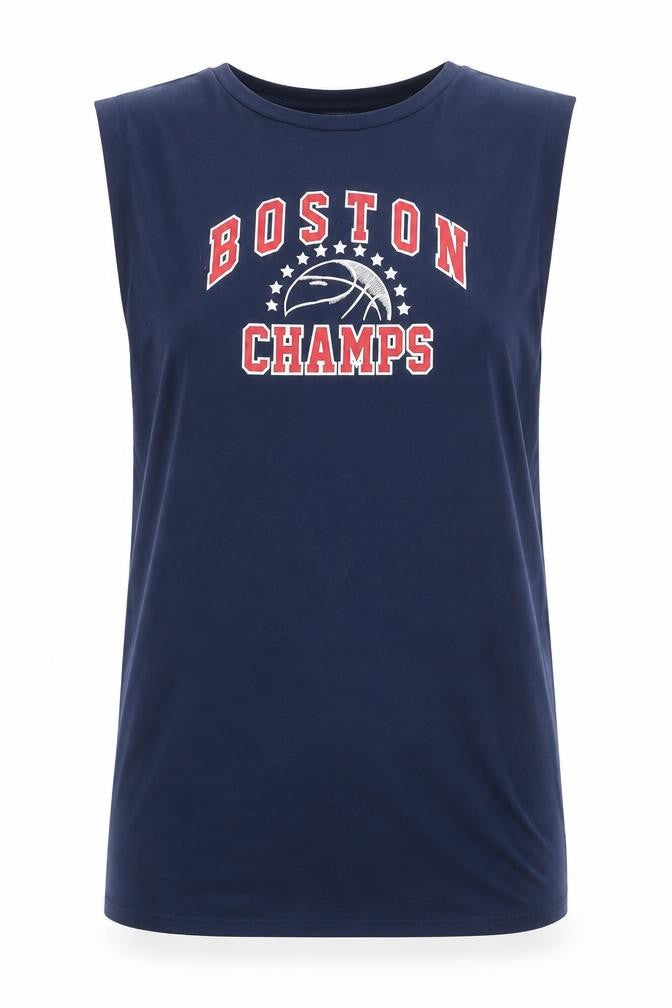 Front view of SHEIN women’s blue basic tank, size L, - boston champs