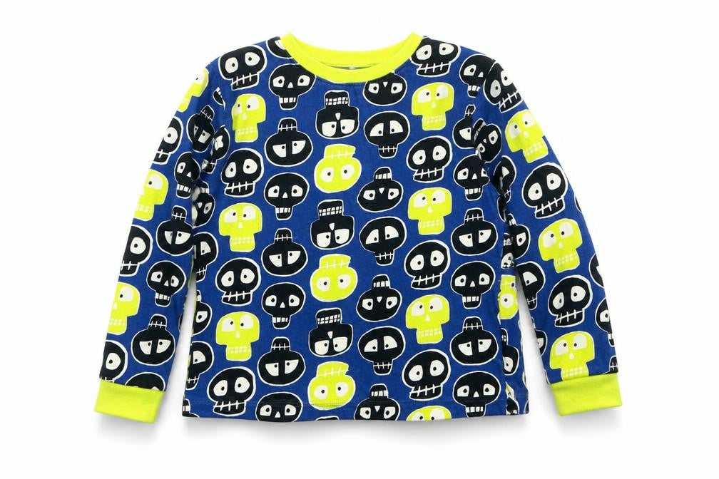 Front view of Preworn boys’ blue geometric pyjama top, size 8-9, years - skulls