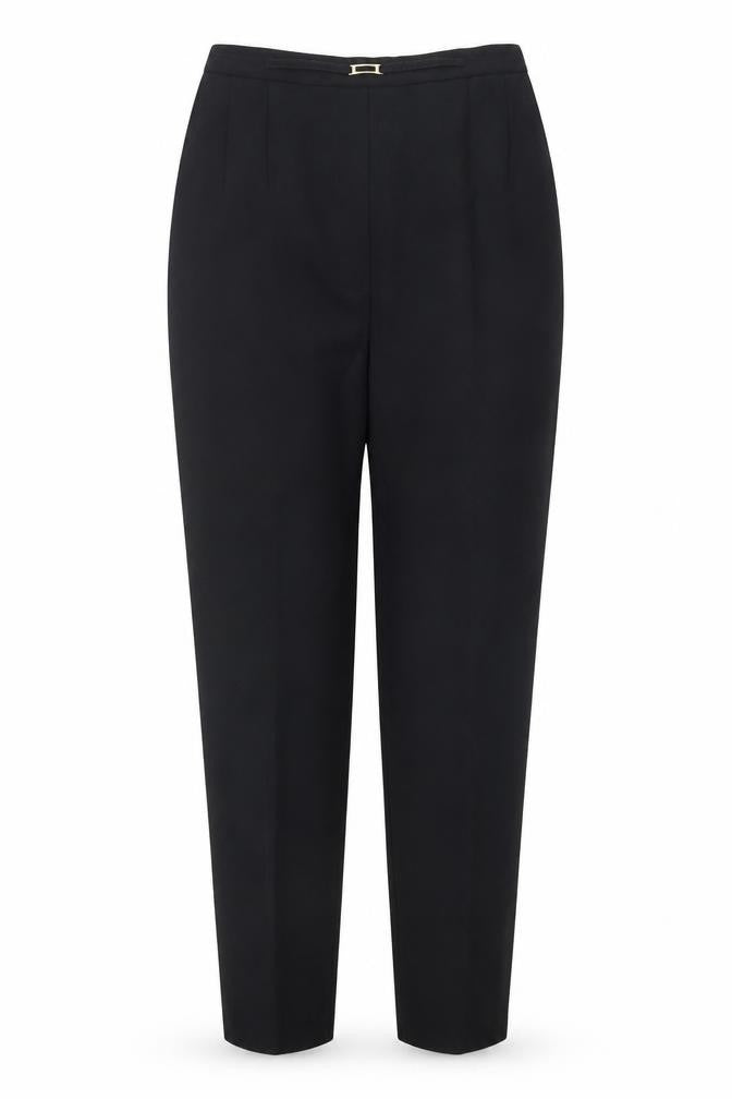 Front view of Sarah Hamilton women’s black trousers, size UK 12, 27-inch leg