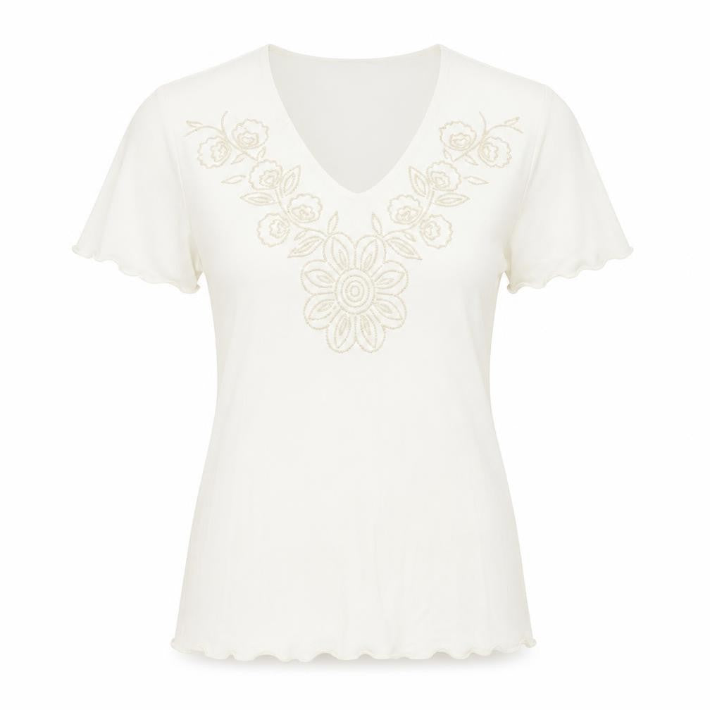 Front view of Rochelle women’s ivory basic t-shirt, size S