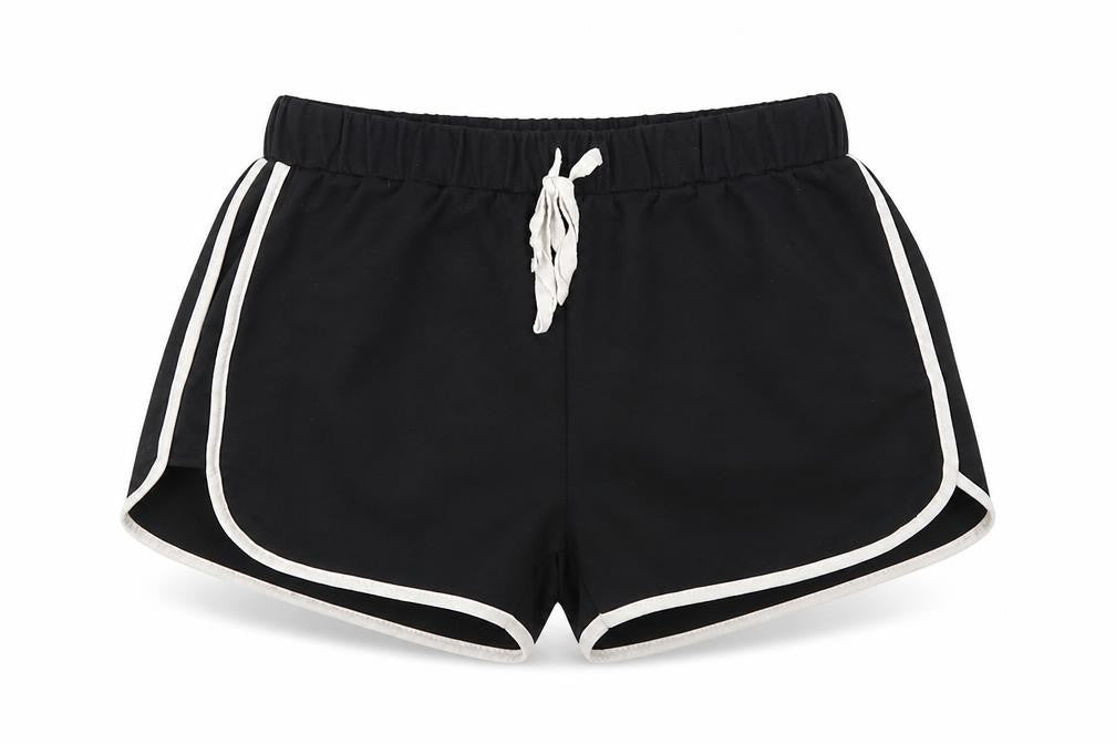 Front view of Preworn women’s black hot pants shorts, size UK 24, in