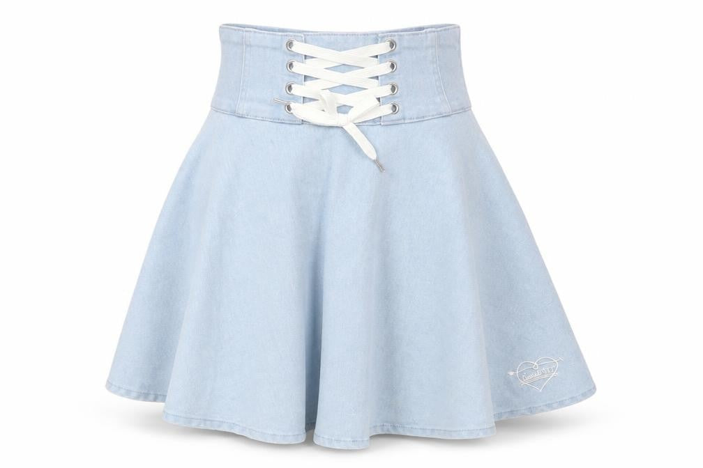 Front view of Pink Latte women’s blue denim a-line skirt, size S