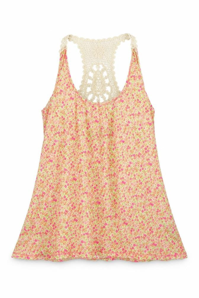 Front view of Miss Selfridge women’s orange floral basic tank, size UK 8