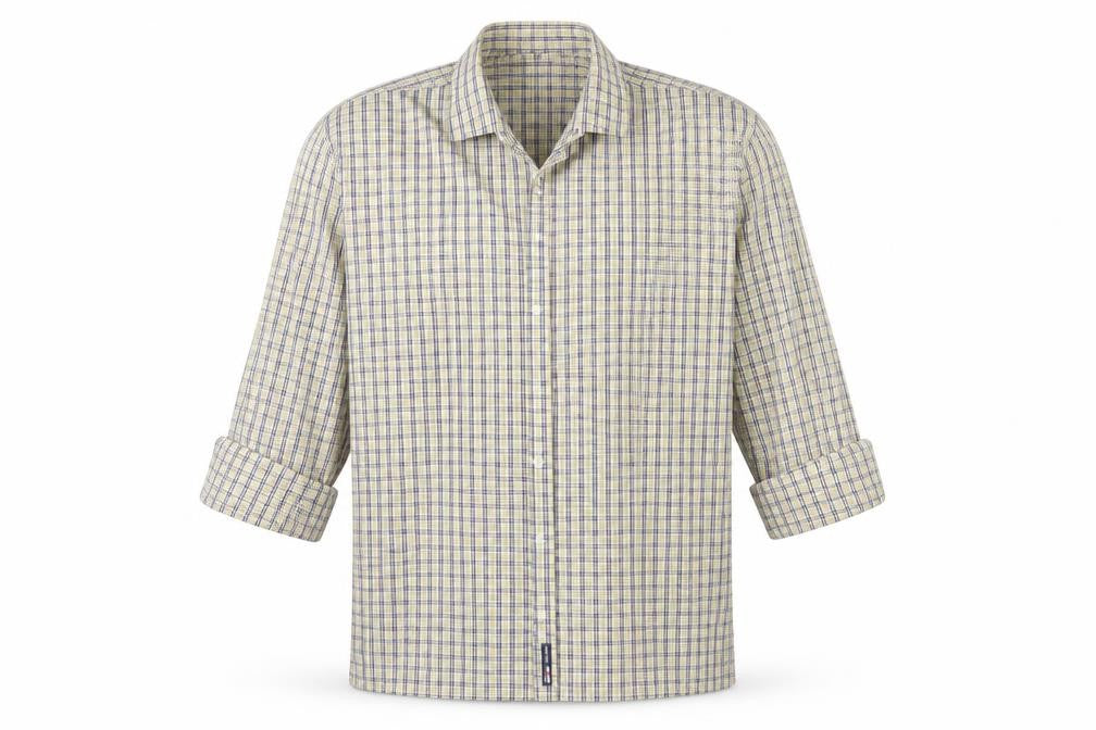 Front view of Eterna men’s beige check button-up, size 16