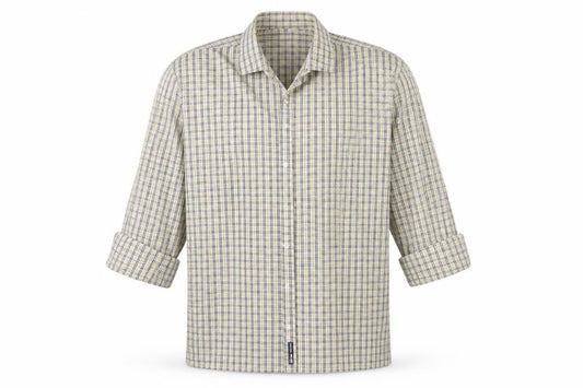 Front view of Eterna men’s beige check button-up, size 16