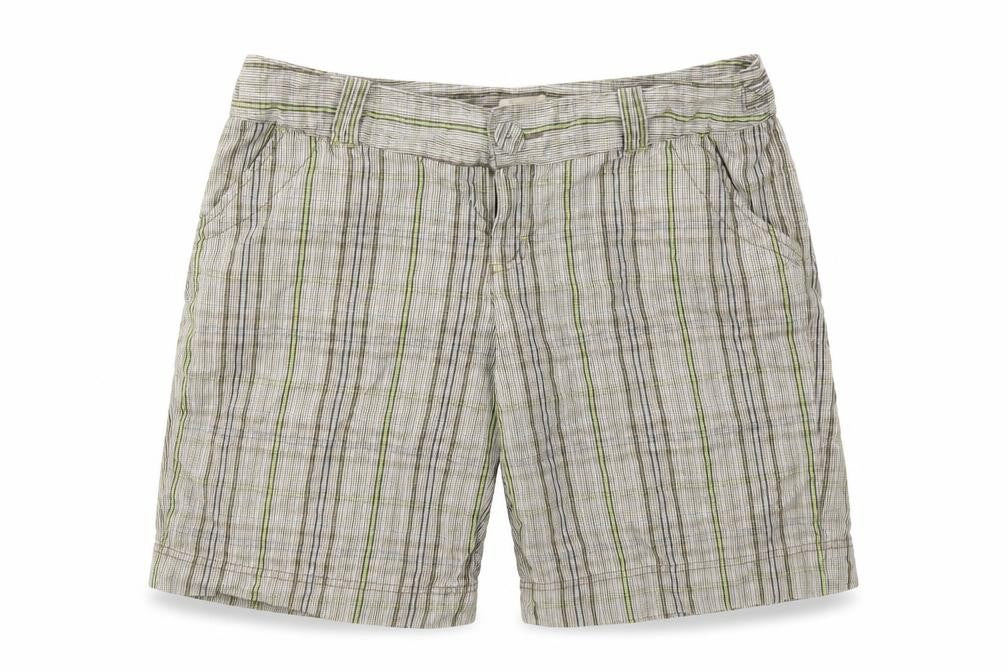 Front view of Mossimo women’s brown check cut-off shorts, size UK 32, in