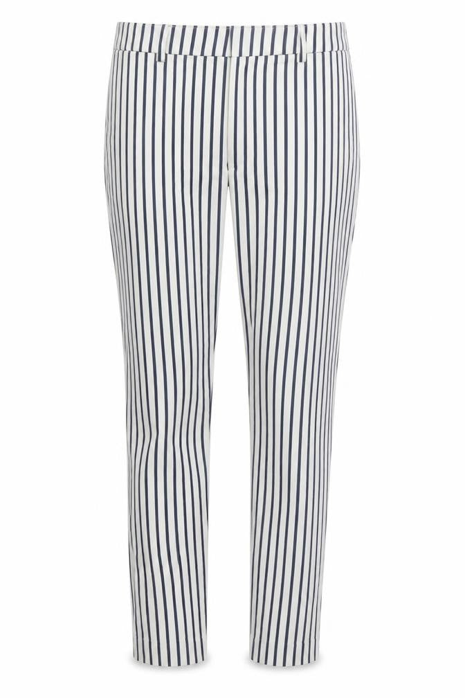 Front view of H&M women’s multicoloured striped trousers, size UK 6, 26-inch leg