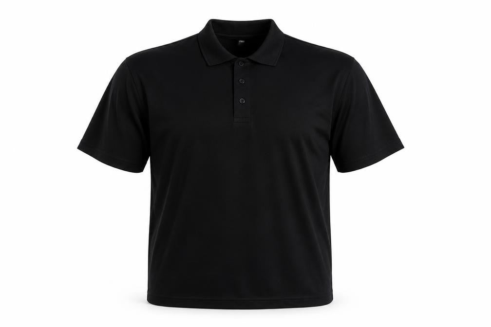 Front view of Preworn men’s black polo, size 2XL