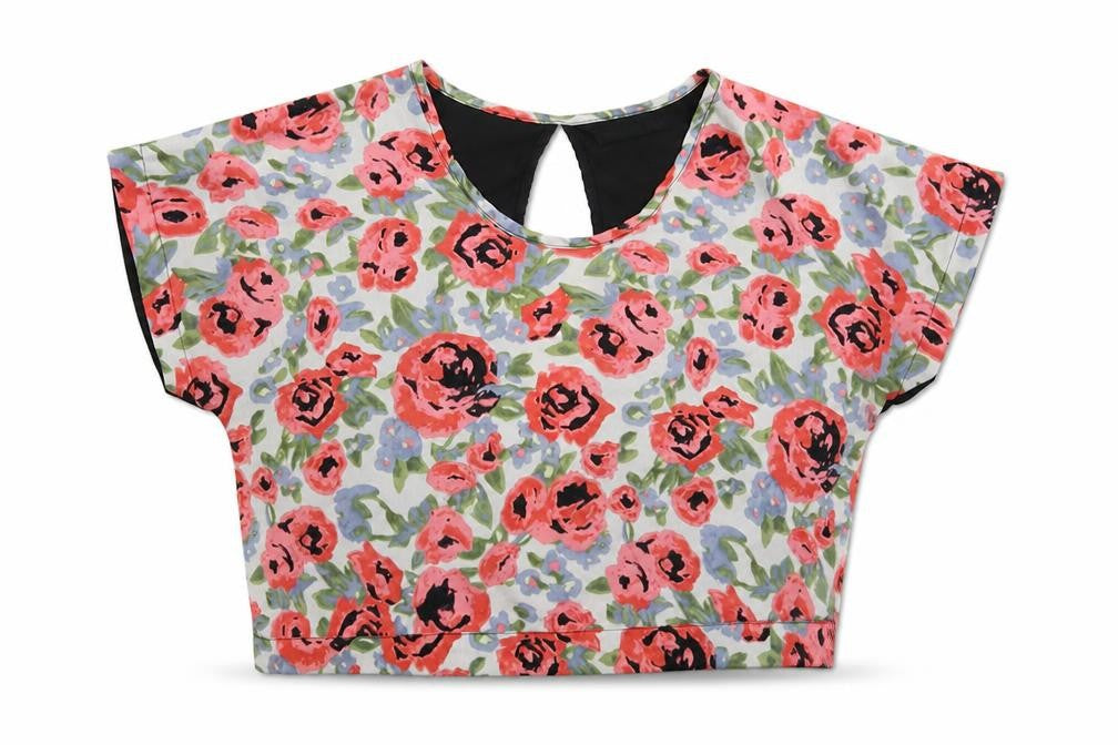 Front view of Atmosphere women’s multicoloured floral satin cropped t-shirt, size UK 8