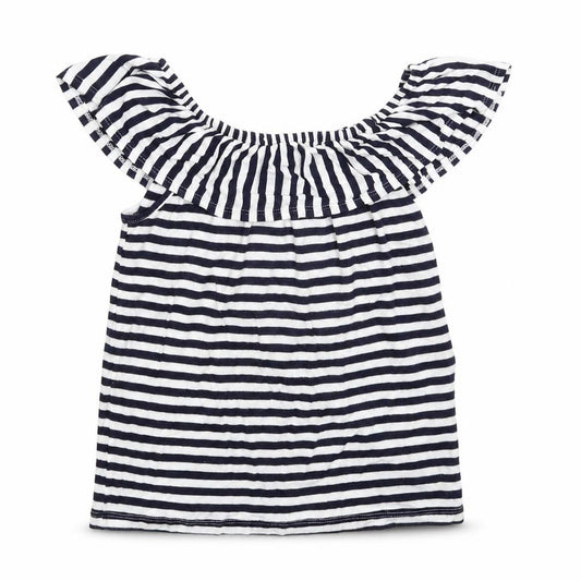 Front view of Avenue girls’ blue striped basic t-shirt, size 7-8, years