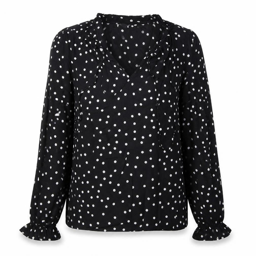 Front view of Next women’s black polka dot basic blouse, size UK 8