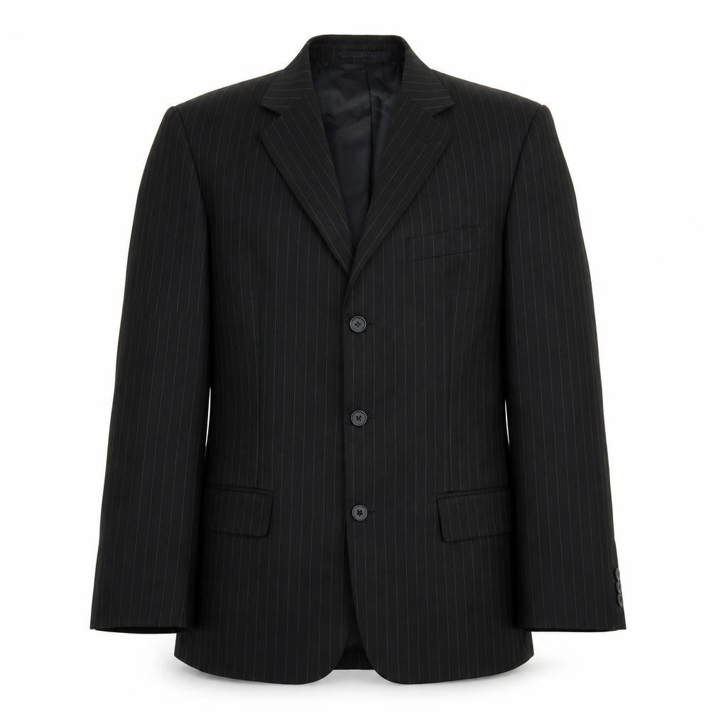 Front view of Henley & Knight men’s black striped jacket suit jacket, size 38