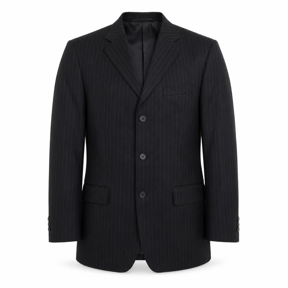 Front view of Henley & Knight men’s black striped jacket suit jacket, size 38