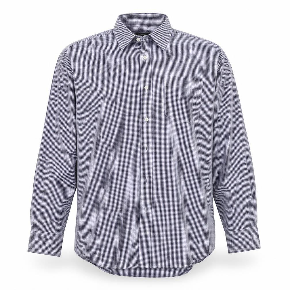 Front view of Cedarwood State men’s blue geometric button-up, size 17