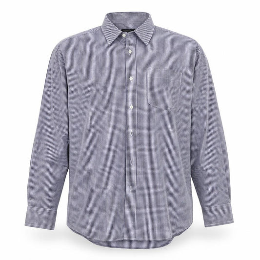 Front view of Cedarwood State men’s blue geometric button-up, size 17